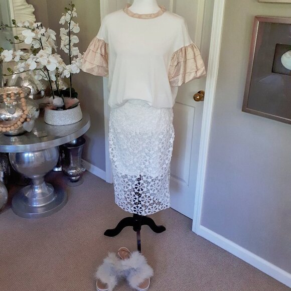 EUC Adiva white floral lace-like overlay midi skirt, S - Picture 6 of 10